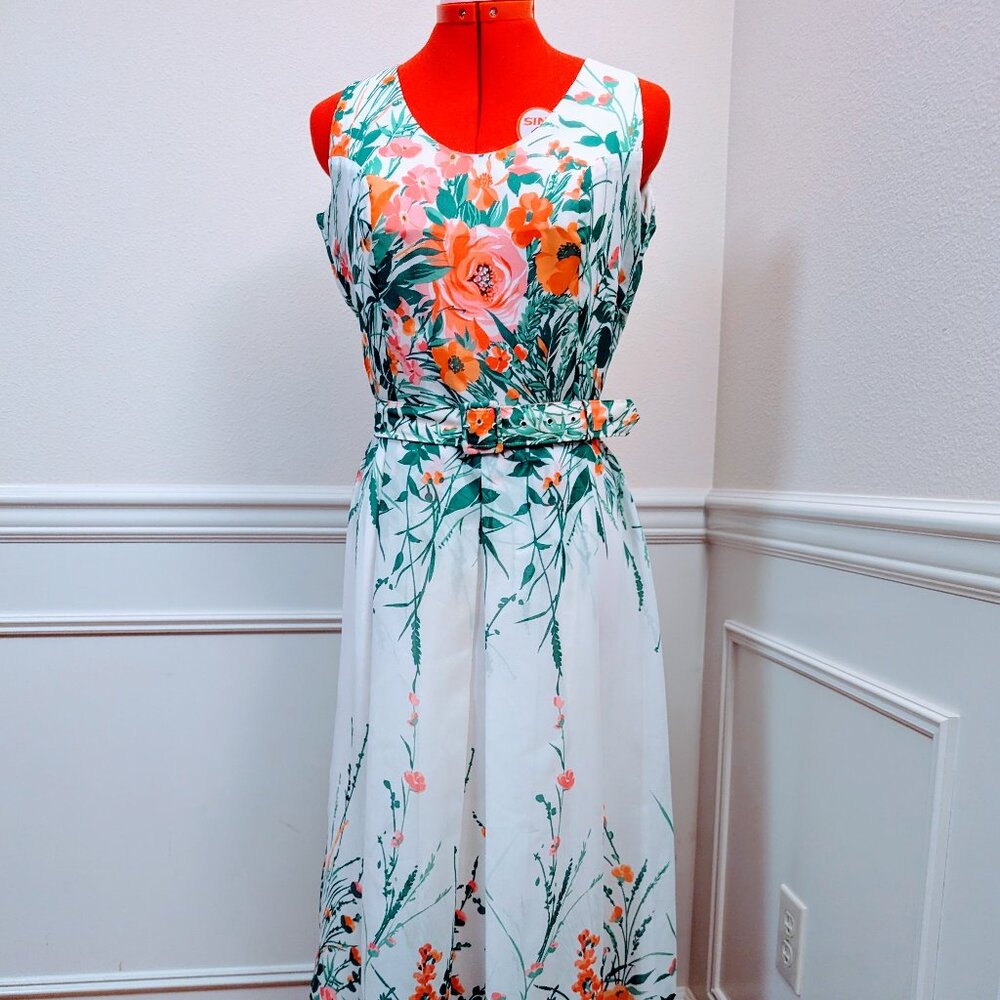 Vintage 1960s Sporting Dress White Chiffon Floral Maxi